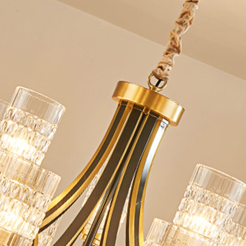 Cylinder Dining Room Hanging Light Textured Crystal 6/8 Heads Postmodern Chandelier Lighting in Gold Clearhalo 'Ceiling Lights' 'Chandeliers' 'Modern Chandeliers' 'Modern' Lighting' 255990