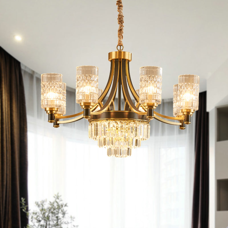 Cylinder Dining Room Hanging Light Textured Crystal 6/8 Heads Postmodern Chandelier Lighting in Gold 8 Gold Clearhalo 'Ceiling Lights' 'Chandeliers' 'Modern Chandeliers' 'Modern' Lighting' 255991