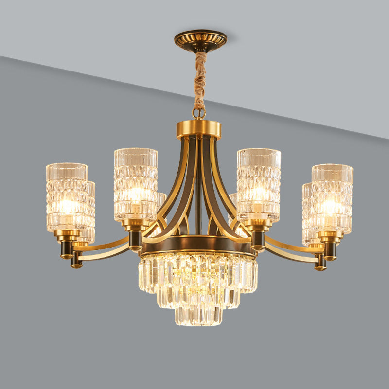 Cylinder Dining Room Hanging Light Textured Crystal 6/8 Heads Postmodern Chandelier Lighting in Gold Clearhalo 'Ceiling Lights' 'Chandeliers' 'Modern Chandeliers' 'Modern' Lighting' 255992