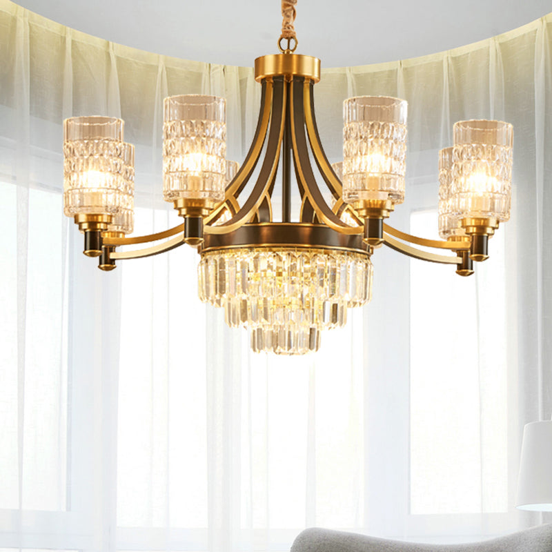 Cylinder Dining Room Hanging Light Textured Crystal 6/8 Heads Postmodern Chandelier Lighting in Gold Clearhalo 'Ceiling Lights' 'Chandeliers' 'Modern Chandeliers' 'Modern' Lighting' 255993