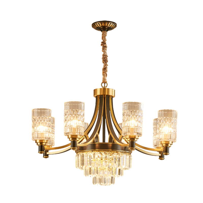 Cylinder Dining Room Hanging Light Textured Crystal 6/8 Heads Postmodern Chandelier Lighting in Gold Clearhalo 'Ceiling Lights' 'Chandeliers' 'Modern Chandeliers' 'Modern' Lighting' 255995