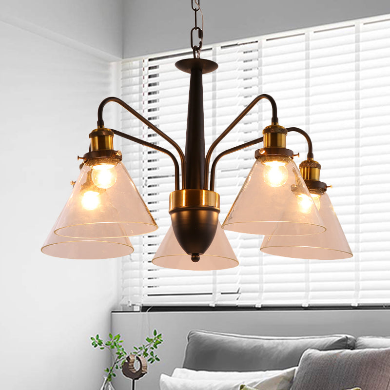 3/5/6-Light Conical Chandelier Light Traditional Black and Gold Hanging Pendant with Clear Glass Shade 5 Black-Gold Clearhalo 'Ceiling Lights' 'Chandeliers' 'Glass shade' 'Glass' Lighting' 256014