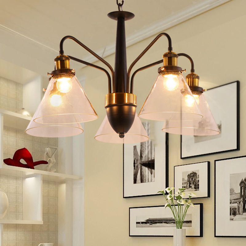 3/5/6-Light Conical Chandelier Light Traditional Black and Gold Hanging Pendant with Clear Glass Shade Clearhalo 'Ceiling Lights' 'Chandeliers' 'Glass shade' 'Glass' Lighting' 256015