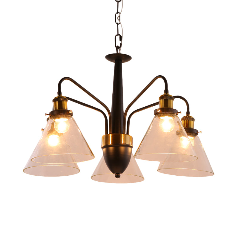3/5/6-Light Conical Chandelier Light Traditional Black and Gold Hanging Pendant with Clear Glass Shade Clearhalo 'Ceiling Lights' 'Chandeliers' 'Glass shade' 'Glass' Lighting' 256016