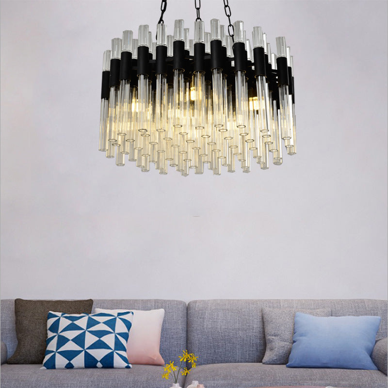 8 Lights Living Hanging Lamp Kit Modern Black Chandelier Light with Drum Fluted Crystal Shade Clearhalo 'Ceiling Lights' 'Chandeliers' 'Modern Chandeliers' 'Modern' Lighting' 256051