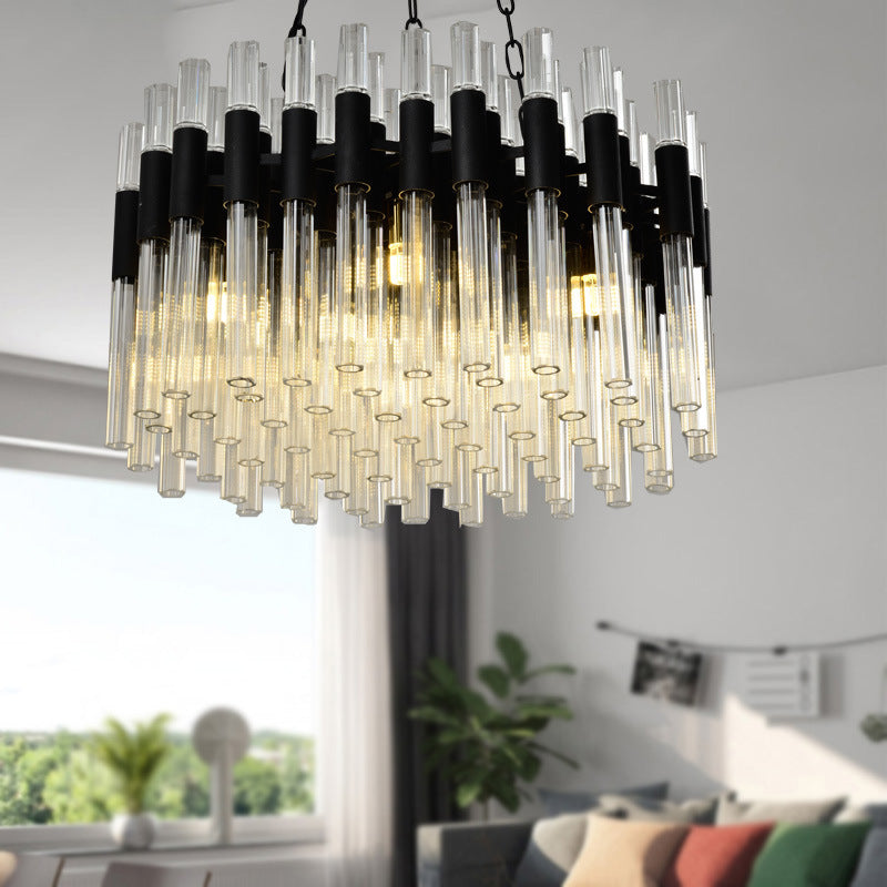 8 Lights Living Hanging Lamp Kit Modern Black Chandelier Light with Drum Fluted Crystal Shade Black Clearhalo 'Ceiling Lights' 'Chandeliers' 'Modern Chandeliers' 'Modern' Lighting' 256052