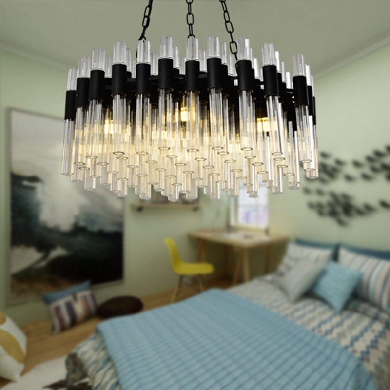 8 Lights Living Hanging Lamp Kit Modern Black Chandelier Light with Drum Fluted Crystal Shade Clearhalo 'Ceiling Lights' 'Chandeliers' 'Modern Chandeliers' 'Modern' Lighting' 256053