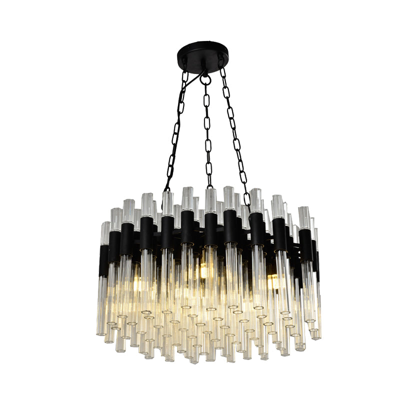 8 Lights Living Hanging Lamp Kit Modern Black Chandelier Light with Drum Fluted Crystal Shade Clearhalo 'Ceiling Lights' 'Chandeliers' 'Modern Chandeliers' 'Modern' Lighting' 256055