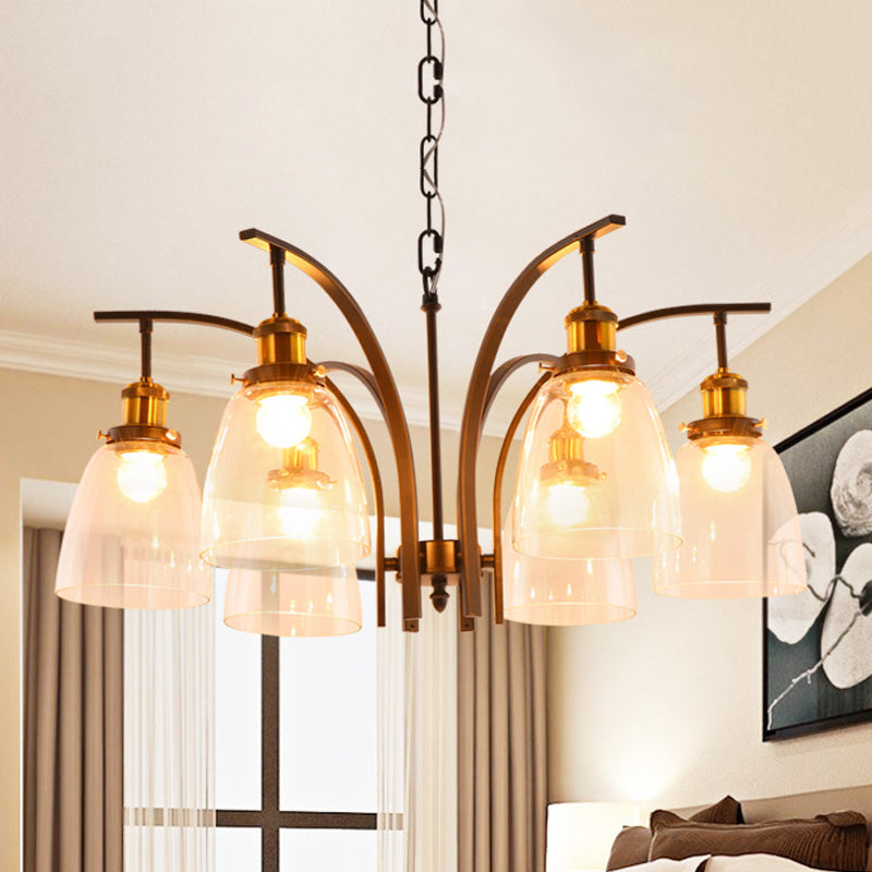 Clear Glass Cup Shape Chandelier Pendant Vintage 3/5/6-Light Ceiling Lamp with Curved Arm 6 Clear Clearhalo 'Ceiling Lights' 'Chandeliers' 'Glass shade' 'Glass' 'Pendant Lights' Lighting' 256057
