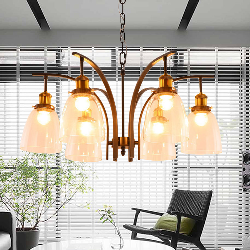 Clear Glass Cup Shape Chandelier Pendant Vintage 3/5/6-Light Ceiling Lamp with Curved Arm Clearhalo 'Ceiling Lights' 'Chandeliers' 'Glass shade' 'Glass' 'Pendant Lights' Lighting' 256058