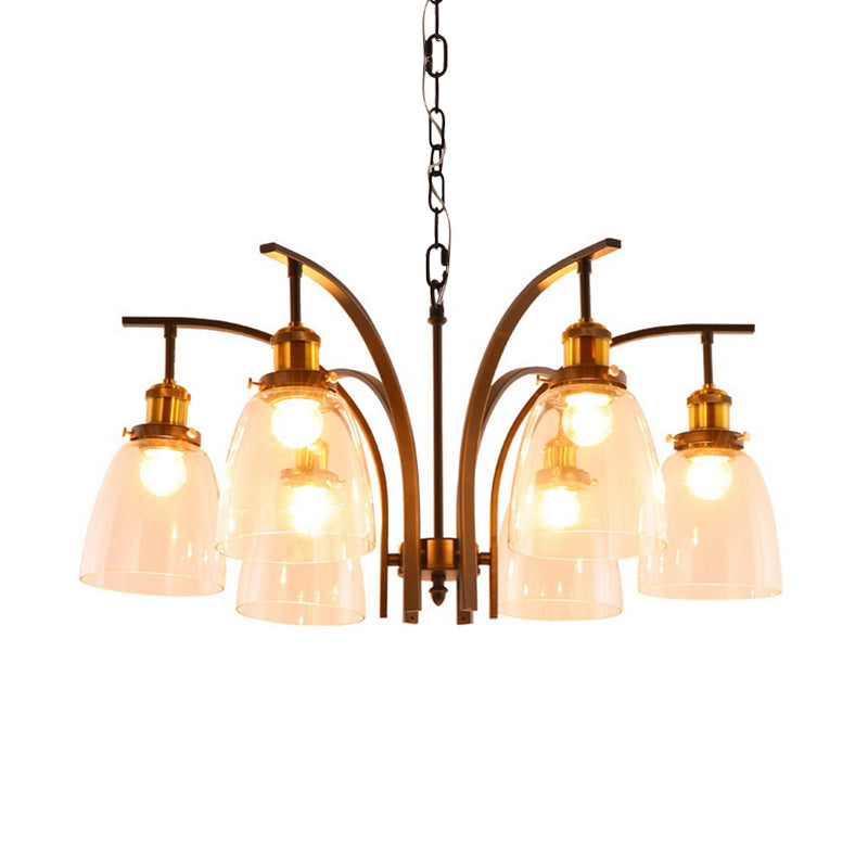 Clear Glass Cup Shape Chandelier Pendant Vintage 3/5/6-Light Ceiling Lamp with Curved Arm Clearhalo 'Ceiling Lights' 'Chandeliers' 'Glass shade' 'Glass' 'Pendant Lights' Lighting' 256059