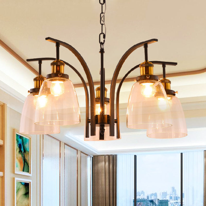 Clear Glass Cup Shape Chandelier Pendant Vintage 3/5/6-Light Ceiling Lamp with Curved Arm Clearhalo 'Ceiling Lights' 'Chandeliers' 'Glass shade' 'Glass' 'Pendant Lights' Lighting' 256065