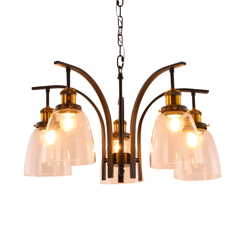 Clear Glass Cup Shape Chandelier Pendant Vintage 3/5/6-Light Ceiling Lamp with Curved Arm Clearhalo 'Ceiling Lights' 'Chandeliers' 'Glass shade' 'Glass' 'Pendant Lights' Lighting' 256066