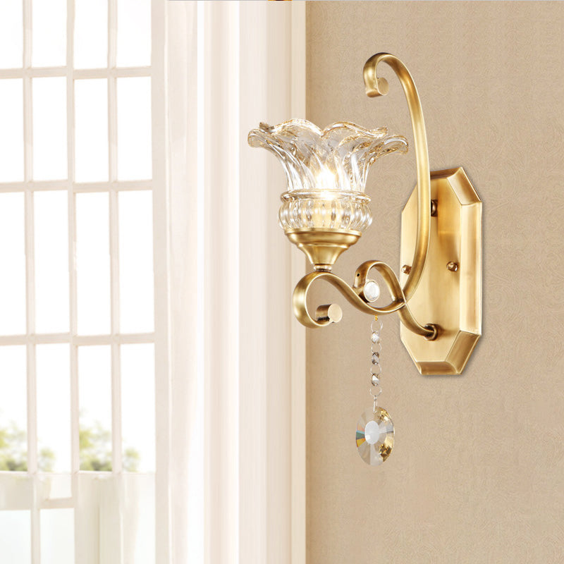 Flower Sconce Light Fixture Modern Clear Glass 1/2 Lights Brass Wall Lamp with Crystal Accent Clearhalo 'Modern wall lights' 'Modern' 'Wall Lamps & Sconces' 'Wall Lights' Lighting' 256067