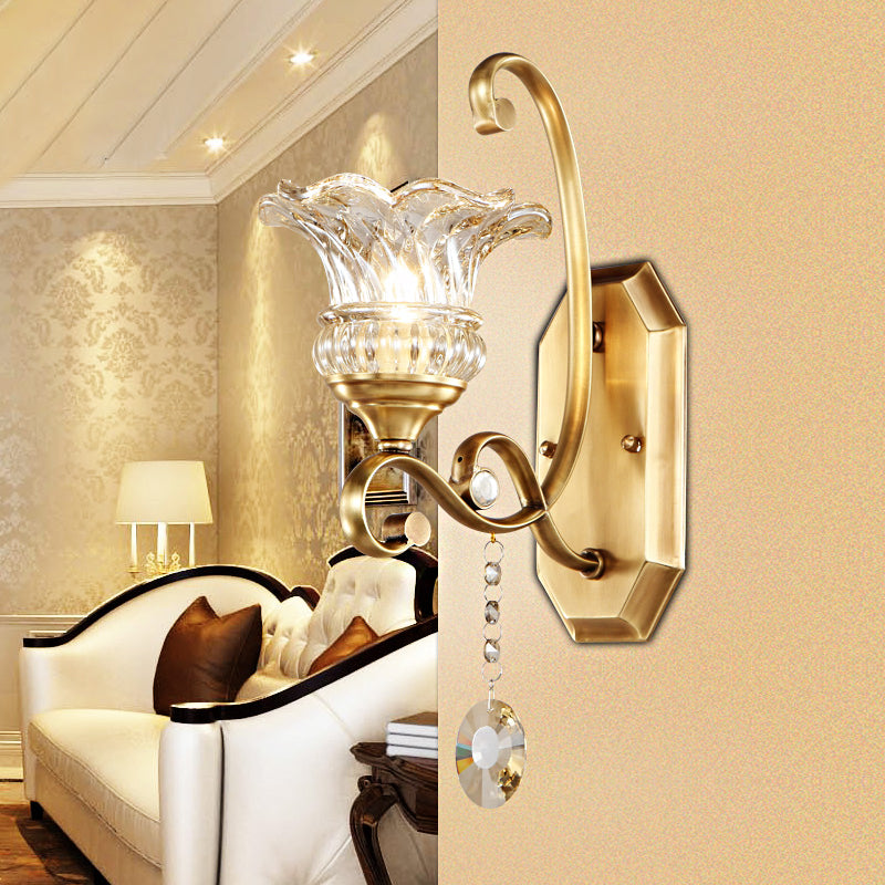 Flower Sconce Light Fixture Modern Clear Glass 1/2 Lights Brass Wall Lamp with Crystal Accent 1.0 Brass Clearhalo 'Modern wall lights' 'Modern' 'Wall Lamps & Sconces' 'Wall Lights' Lighting' 256068