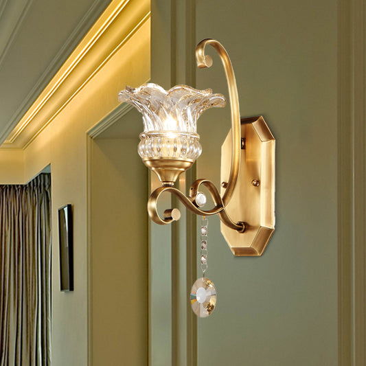 Flower Sconce Light Fixture Modern Clear Glass 1/2 Lights Brass Wall Lamp with Crystal Accent Clearhalo 'Modern wall lights' 'Modern' 'Wall Lamps & Sconces' 'Wall Lights' Lighting' 256069