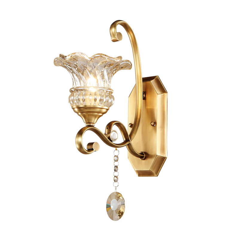 Flower Sconce Light Fixture Modern Clear Glass 1/2 Lights Brass Wall Lamp with Crystal Accent Clearhalo 'Modern wall lights' 'Modern' 'Wall Lamps & Sconces' 'Wall Lights' Lighting' 256071