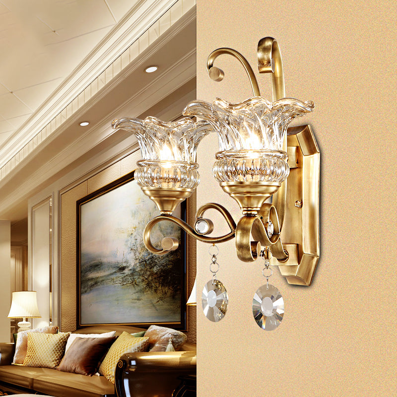 Flower Sconce Light Fixture Modern Clear Glass 1/2 Lights Brass Wall Lamp with Crystal Accent 2.0 Brass Clearhalo 'Modern wall lights' 'Modern' 'Wall Lamps & Sconces' 'Wall Lights' Lighting' 256073