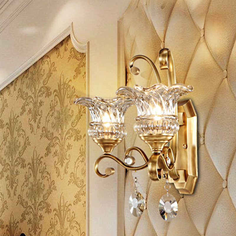 Flower Sconce Light Fixture Modern Clear Glass 1/2 Lights Brass Wall Lamp with Crystal Accent Clearhalo 'Modern wall lights' 'Modern' 'Wall Lamps & Sconces' 'Wall Lights' Lighting' 256075