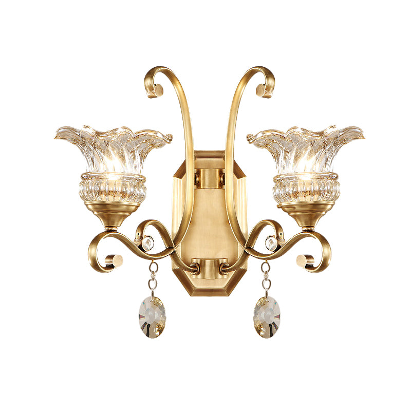 Flower Sconce Light Fixture Modern Clear Glass 1/2 Lights Brass Wall Lamp with Crystal Accent Clearhalo 'Modern wall lights' 'Modern' 'Wall Lamps & Sconces' 'Wall Lights' Lighting' 256077