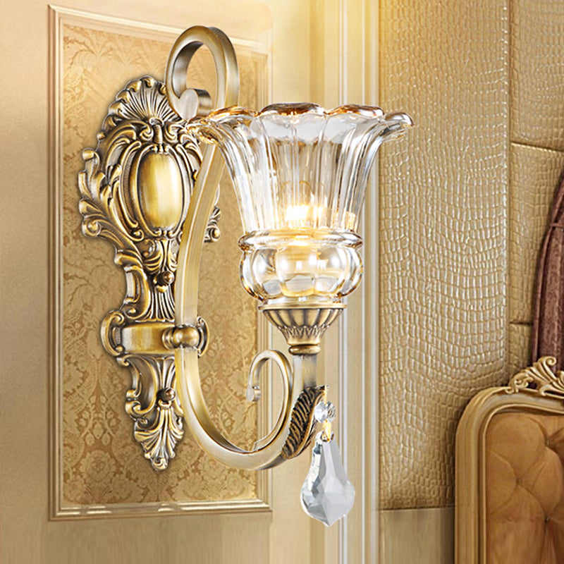 Flower Bedroom Wall Mount Light Clear Glass 1/2 Heads Contemporary Sconce Light in Brass with Crystal Drop 1.0 Brass Clearhalo 'Modern wall lights' 'Modern' 'Wall Lamps & Sconces' 'Wall Lights' Lighting' 256085