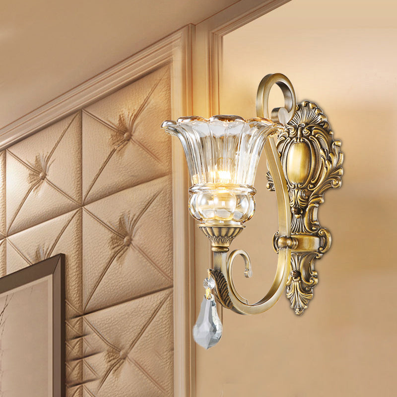 Flower Bedroom Wall Mount Light Clear Glass 1/2 Heads Contemporary Sconce Light in Brass with Crystal Drop Clearhalo 'Modern wall lights' 'Modern' 'Wall Lamps & Sconces' 'Wall Lights' Lighting' 256086