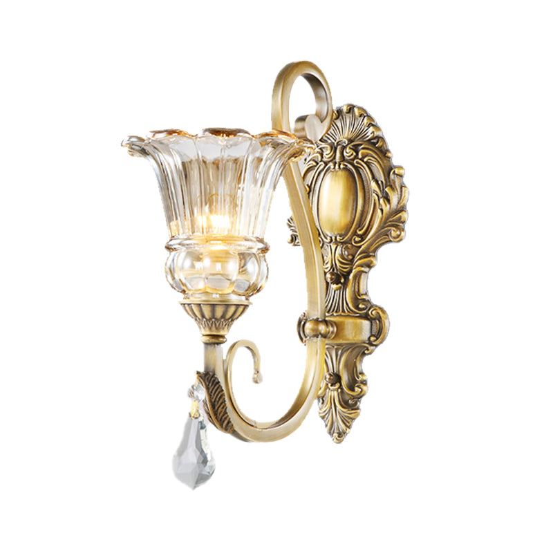 Flower Bedroom Wall Mount Light Clear Glass 1/2 Heads Contemporary Sconce Light in Brass with Crystal Drop Clearhalo 'Modern wall lights' 'Modern' 'Wall Lamps & Sconces' 'Wall Lights' Lighting' 256088