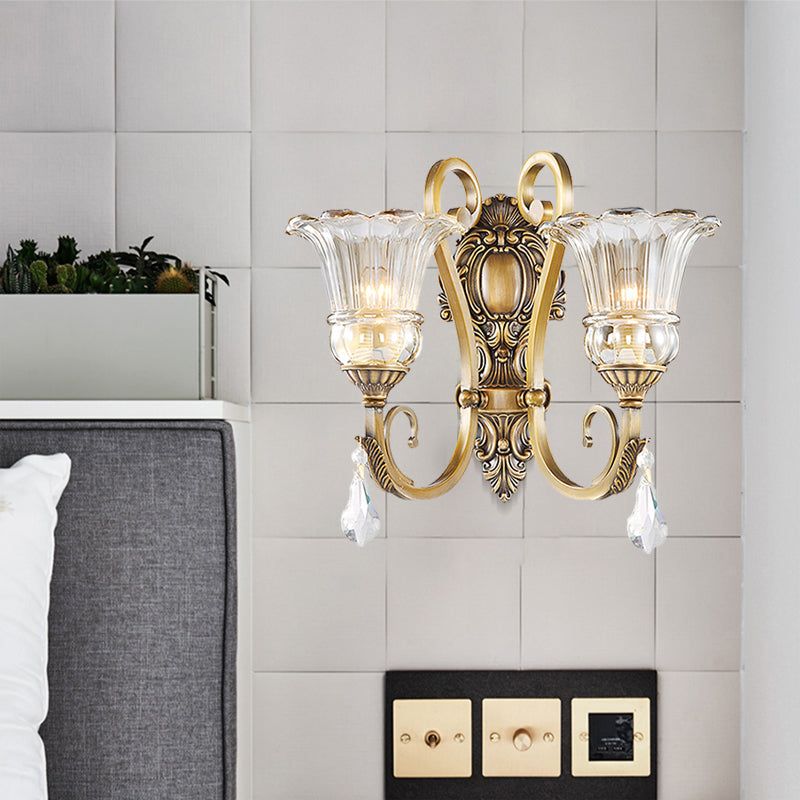 Flower Bedroom Wall Mount Light Clear Glass 1/2 Heads Contemporary Sconce Light in Brass with Crystal Drop Clearhalo 'Modern wall lights' 'Modern' 'Wall Lamps & Sconces' 'Wall Lights' Lighting' 256092