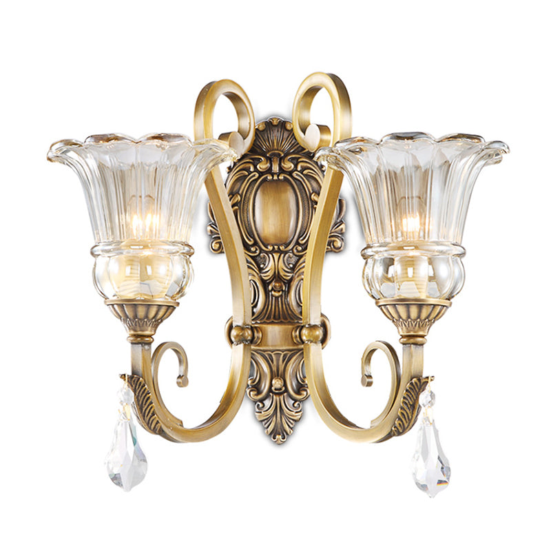 Flower Bedroom Wall Mount Light Clear Glass 1/2 Heads Contemporary Sconce Light in Brass with Crystal Drop Clearhalo 'Modern wall lights' 'Modern' 'Wall Lamps & Sconces' 'Wall Lights' Lighting' 256094