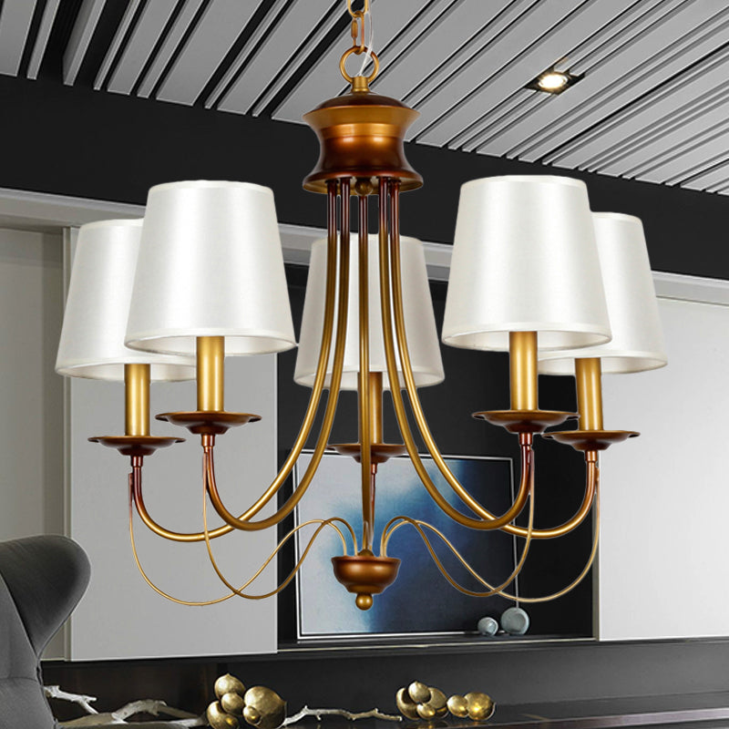 3/5/6 Lights Brass Finish Hanging Chandelier Traditional Conical Ceiling Light with White Fabric Lamp Shade Clearhalo 'Ceiling Lights' 'Chandeliers' Lighting' options 256096