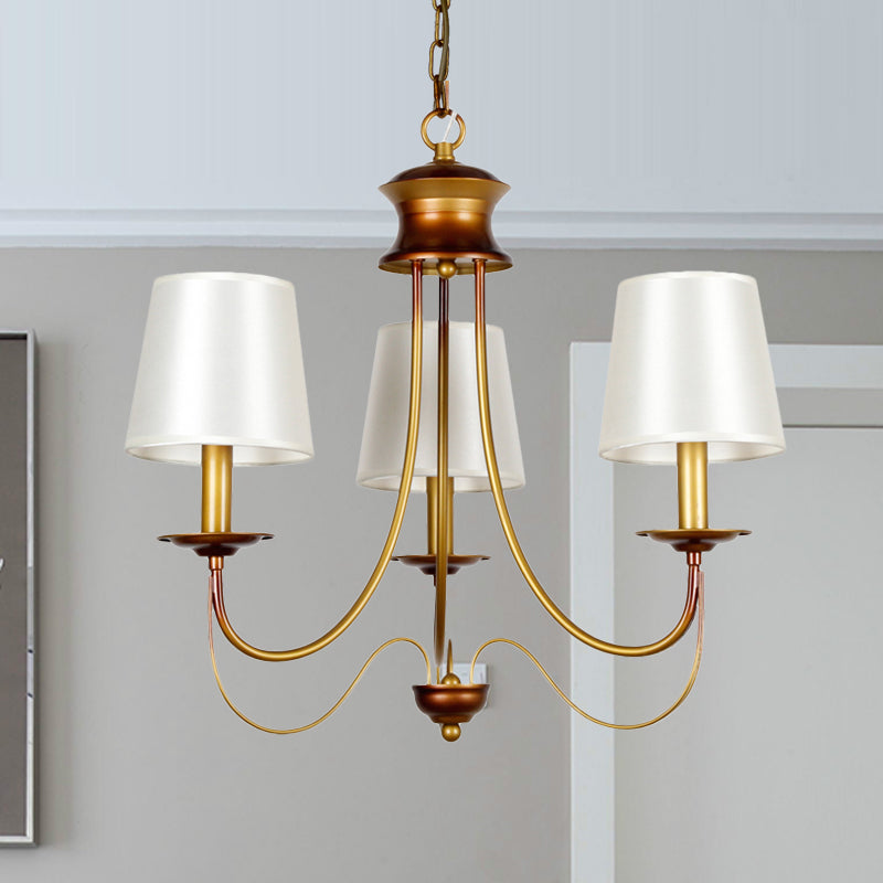 3/5/6 Lights Brass Finish Hanging Chandelier Traditional Conical Ceiling Light with White Fabric Lamp Shade 3 Brass Clearhalo 'Ceiling Lights' 'Chandeliers' Lighting' options 256099_c749e8de-709f-49cd-ae60-c6fd6b9ae934