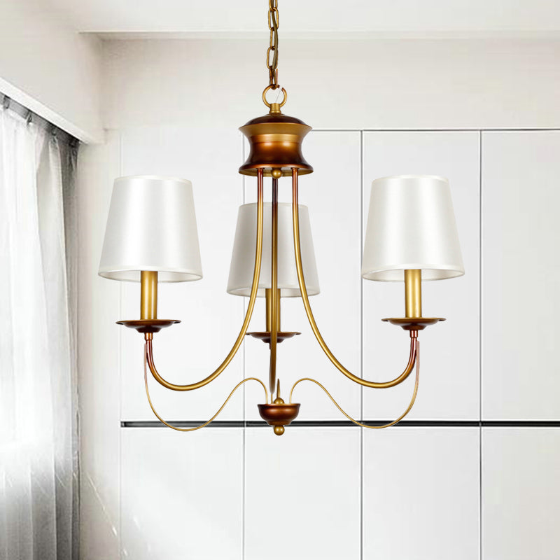 3/5/6 Lights Brass Finish Hanging Chandelier Traditional Conical Ceiling Light with White Fabric Lamp Shade Clearhalo 'Ceiling Lights' 'Chandeliers' Lighting' options 256100