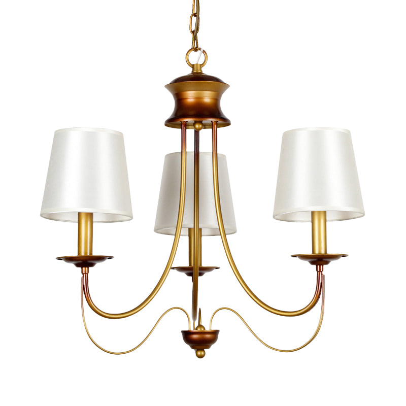 3/5/6 Lights Brass Finish Hanging Chandelier Traditional Conical Ceiling Light with White Fabric Lamp Shade Clearhalo 'Ceiling Lights' 'Chandeliers' Lighting' options 256101