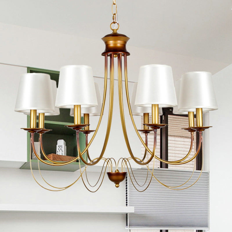 3/5/6 Lights Brass Finish Hanging Chandelier Traditional Conical Ceiling Light with White Fabric Lamp Shade 8 Brass Clearhalo 'Ceiling Lights' 'Chandeliers' Lighting' options 256102_cd19446d-1c97-4d0f-9b9e-14110a640a15