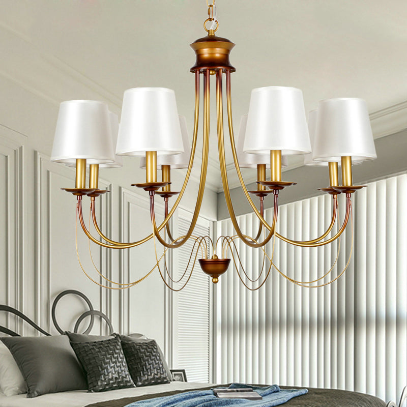 3/5/6 Lights Brass Finish Hanging Chandelier Traditional Conical Ceiling Light with White Fabric Lamp Shade Clearhalo 'Ceiling Lights' 'Chandeliers' Lighting' options 256103