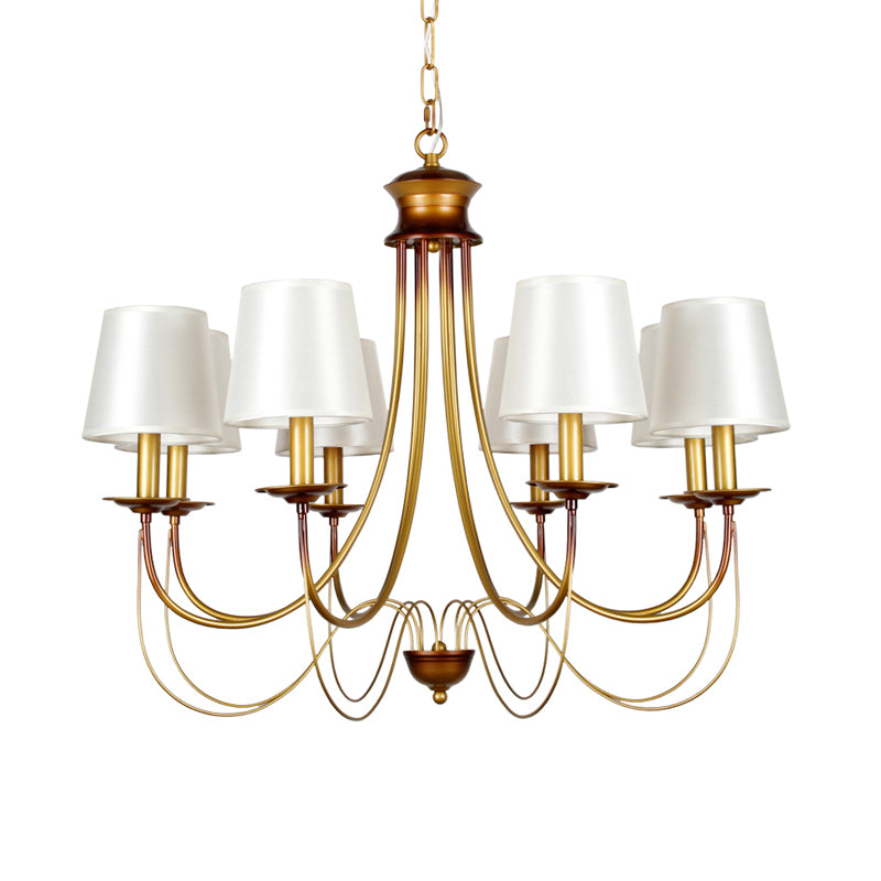 3/5/6 Lights Brass Finish Hanging Chandelier Traditional Conical Ceiling Light with White Fabric Lamp Shade Clearhalo 'Ceiling Lights' 'Chandeliers' Lighting' options 256104