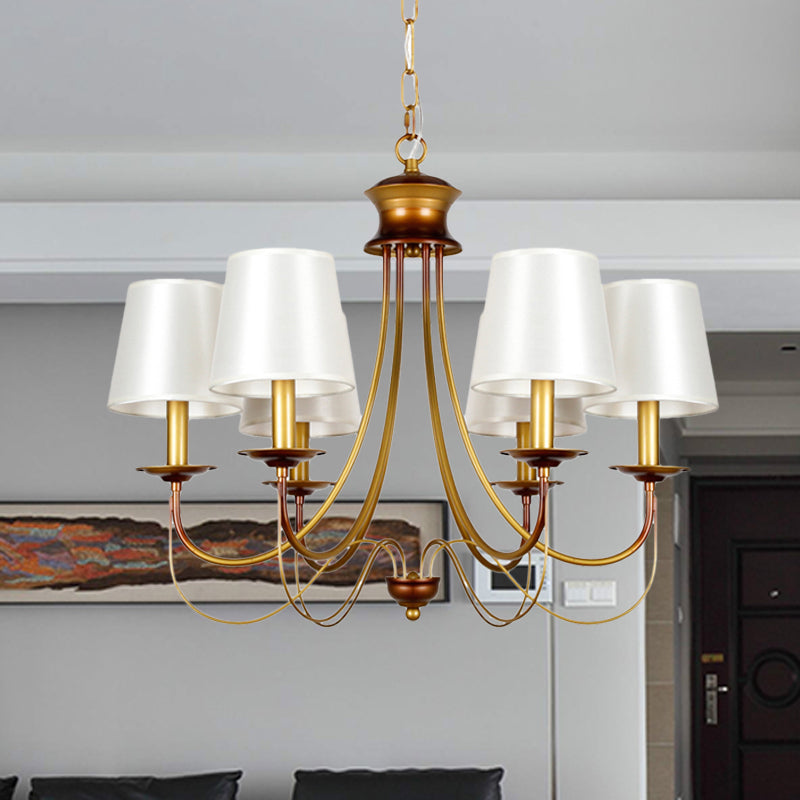 3/5/6 Lights Brass Finish Hanging Chandelier Traditional Conical Ceiling Light with White Fabric Lamp Shade 6 Brass Clearhalo 'Ceiling Lights' 'Chandeliers' Lighting' options 256105_856258db-7e3d-467e-b787-296a81ae78a9