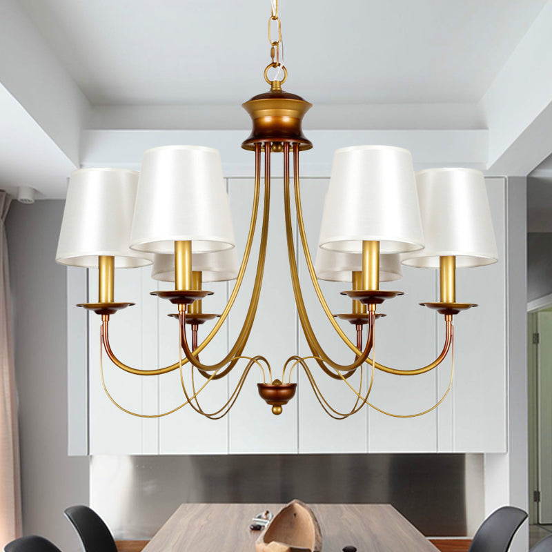 3/5/6 Lights Brass Finish Hanging Chandelier Traditional Conical Ceiling Light with White Fabric Lamp Shade Clearhalo 'Ceiling Lights' 'Chandeliers' Lighting' options 256106
