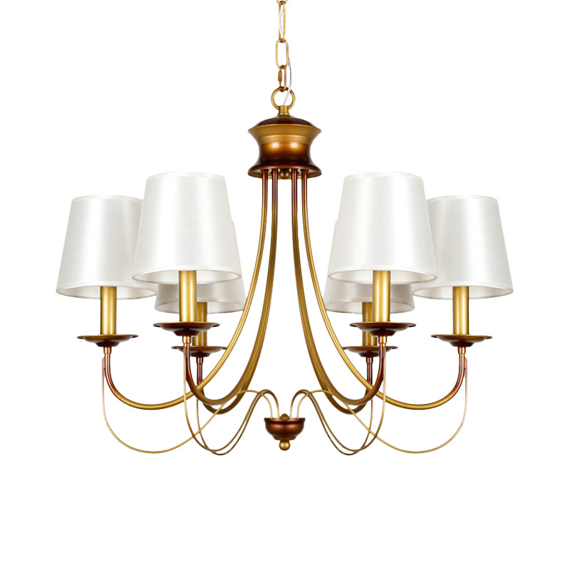 3/5/6 Lights Brass Finish Hanging Chandelier Traditional Conical Ceiling Light with White Fabric Lamp Shade Clearhalo 'Ceiling Lights' 'Chandeliers' Lighting' options 256107