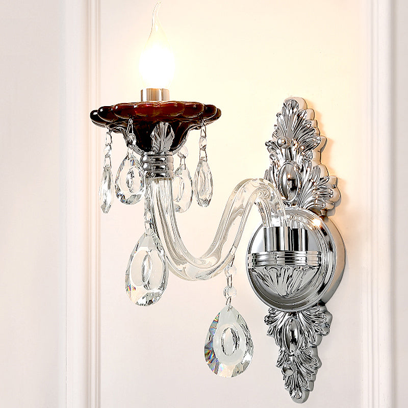 Silver Candle Wall Mounted Light Modern 1/2 Heads Crystal Drop Sconce Light for Bedroom Clearhalo 'Modern wall lights' 'Modern' 'Wall Lamps & Sconces' 'Wall Lights' Lighting' 256112