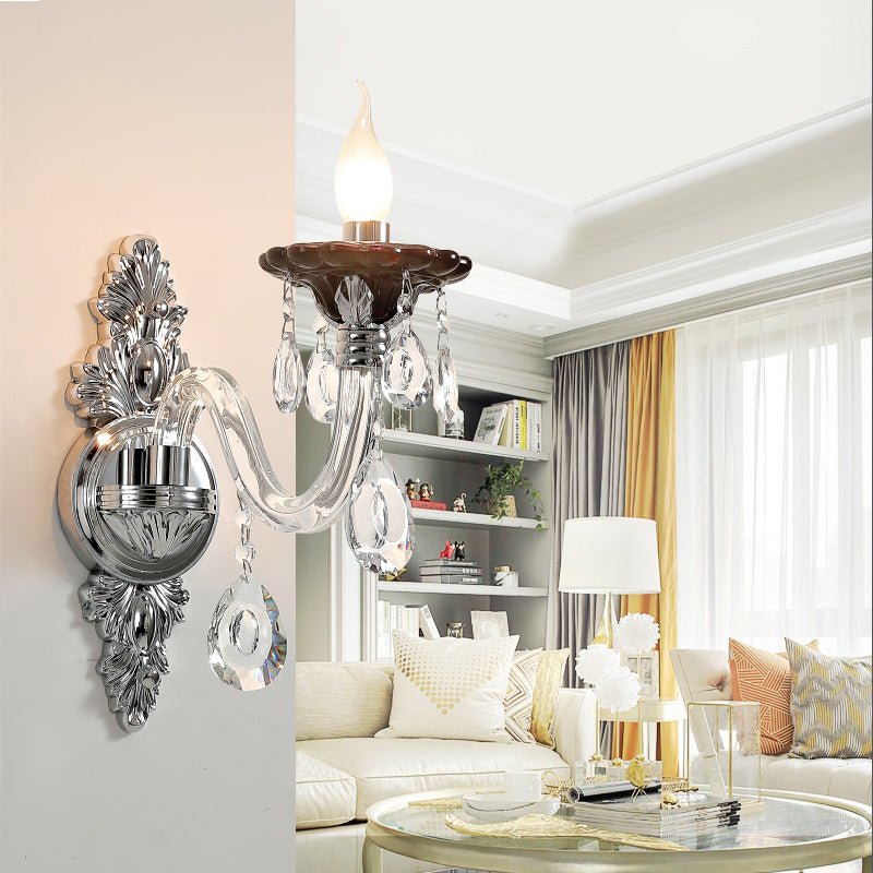 Silver Candle Wall Mounted Light Modern 1/2 Heads Crystal Drop Sconce Light for Bedroom 1.0 Silver Clearhalo 'Modern wall lights' 'Modern' 'Wall Lamps & Sconces' 'Wall Lights' Lighting' 256114