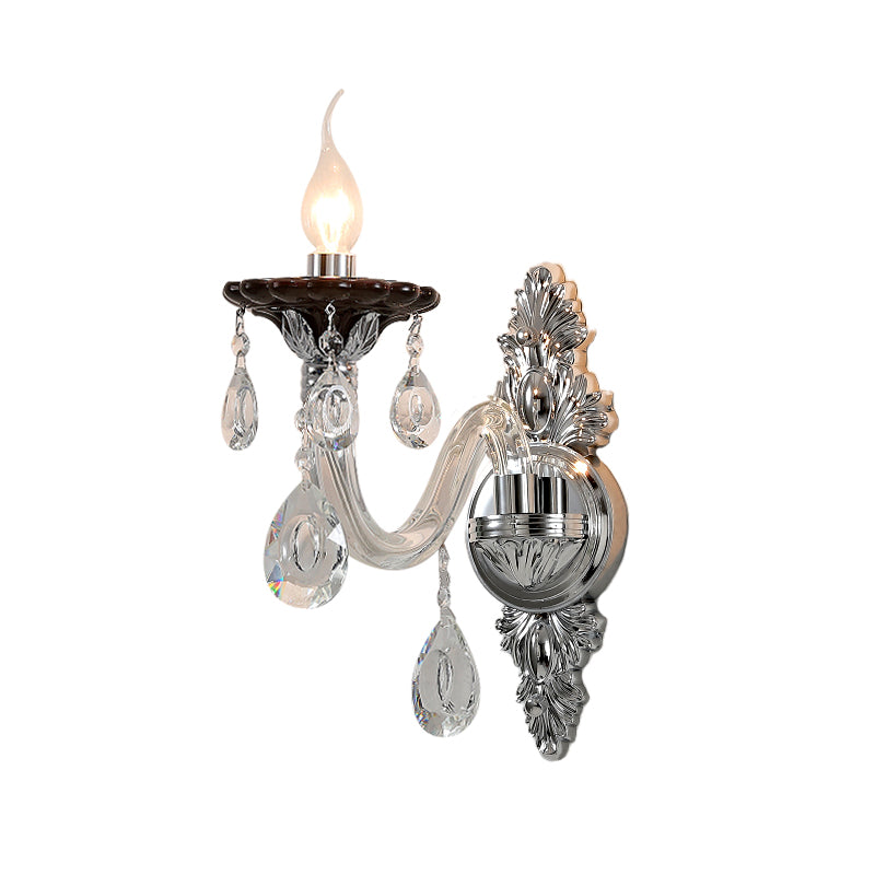 Silver Candle Wall Mounted Light Modern 1/2 Heads Crystal Drop Sconce Light for Bedroom Clearhalo 'Modern wall lights' 'Modern' 'Wall Lamps & Sconces' 'Wall Lights' Lighting' 256116