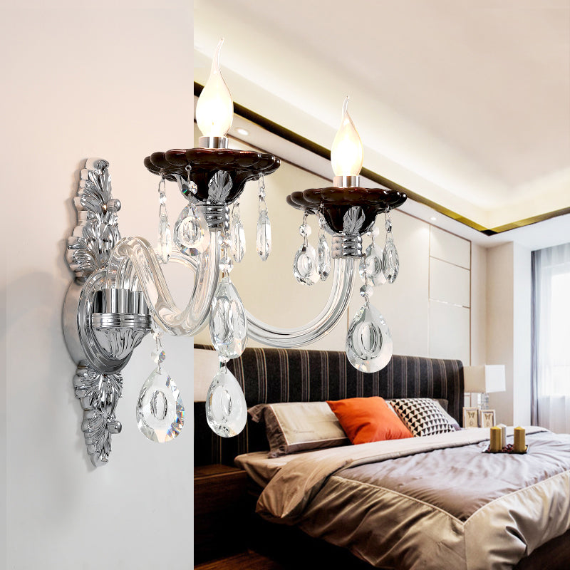 Silver Candle Wall Mounted Light Modern 1/2 Heads Crystal Drop Sconce Light for Bedroom 2.0 Silver Clearhalo 'Modern wall lights' 'Modern' 'Wall Lamps & Sconces' 'Wall Lights' Lighting' 256118