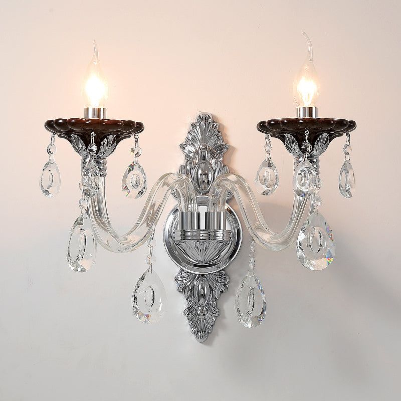 Silver Candle Wall Mounted Light Modern 1/2 Heads Crystal Drop Sconce Light for Bedroom Clearhalo 'Modern wall lights' 'Modern' 'Wall Lamps & Sconces' 'Wall Lights' Lighting' 256119