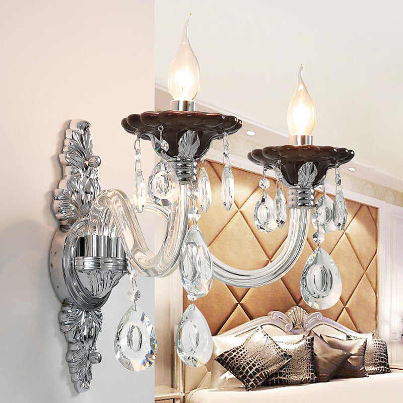 Silver Candle Wall Mounted Light Modern 1/2 Heads Crystal Drop Sconce Light for Bedroom Clearhalo 'Modern wall lights' 'Modern' 'Wall Lamps & Sconces' 'Wall Lights' Lighting' 256120