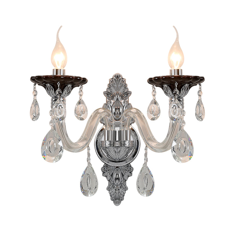 Silver Candle Wall Mounted Light Modern 1/2 Heads Crystal Drop Sconce Light for Bedroom Clearhalo 'Modern wall lights' 'Modern' 'Wall Lamps & Sconces' 'Wall Lights' Lighting' 256122