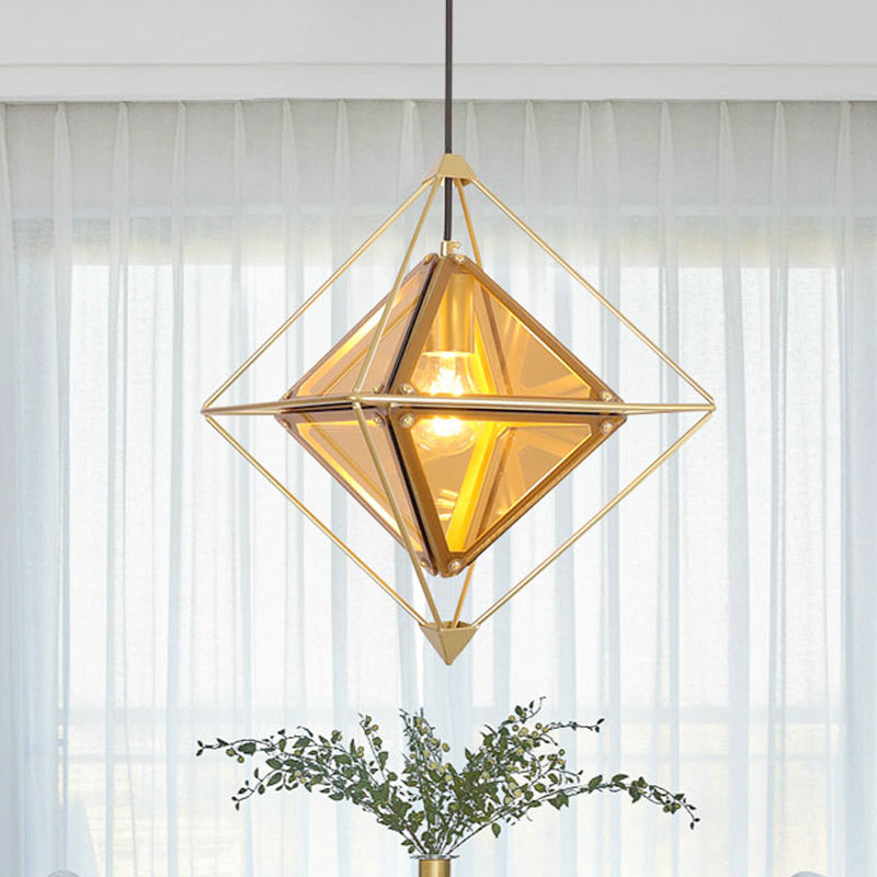 Black/Gold/Amber Glass 1-Light Drop Pendant Colonial Diamond Shape Ceiling Light Fixture with Exterior Iron Frame Gold Clearhalo 'Ceiling Lights' 'Chandeliers' 'Glass shade' 'Glass' 'Pendant Lights' 'Pendants' Lighting' 256123