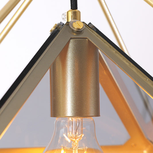 Black/Gold/Amber Glass 1-Light Drop Pendant Colonial Diamond Shape Ceiling Light Fixture with Exterior Iron Frame Clearhalo 'Ceiling Lights' 'Chandeliers' 'Glass shade' 'Glass' 'Pendant Lights' 'Pendants' Lighting' 256126
