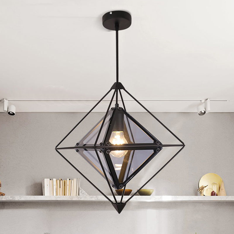 Black/Gold/Amber Glass 1-Light Drop Pendant Colonial Diamond Shape Ceiling Light Fixture with Exterior Iron Frame Clearhalo 'Ceiling Lights' 'Chandeliers' 'Glass shade' 'Glass' 'Pendant Lights' 'Pendants' Lighting' 256128