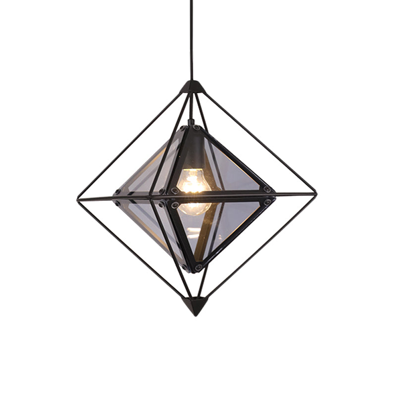 Black/Gold/Amber Glass 1-Light Drop Pendant Colonial Diamond Shape Ceiling Light Fixture with Exterior Iron Frame Clearhalo 'Ceiling Lights' 'Chandeliers' 'Glass shade' 'Glass' 'Pendant Lights' 'Pendants' Lighting' 256129